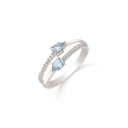 Sølv ring rhodineret 2 streger med øjeformet blå topas og syntetiske cubic zirconia på halv skinnen.