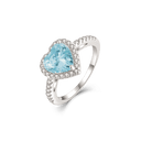 Sølv ring rhodineret hjerte af akvamarin blå og i kanten hvide syntetiske cubic zirconia.