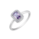 Sølv ring rhodineret firkant med ametyst og hvide syntetiske cubic zirconia.