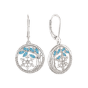 Sølv ørehænger rhodineret livets træ i cirkel med blå akvamarin og syntetiske cubic zirconia. Mål: 17 mm. i diameter. Tykkelse: 2,1 mm.