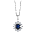 Sølv halskæde rhodineret oval syntetisk safir med syntetiske cubic zirconia i kanten rundt. Kæden er rhodineret sølv i længde 42-45 cm.