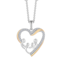 Sølv halskæde rhodineret hjerte med far, mor og børn nederst omgivet af syntetiske cubic zirconia i guld kant. Kæden er rhodineret sølv i længde 42-45 cm.