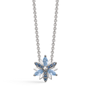 Sølv halskæde rhodineret snefnug med syntetiske cubic zirconia og syntetiske akvamariner. Kæden er rhodineret sølv i længde 42-45 cm.