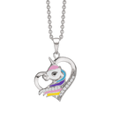 Sølv halskæde rhodineret skæv hjerte med enhjørning med blå/lyserød/gul blytfri emalje med syntetiske cubic zirconia. Kæden er rhodineret sølv i længde 42-45 cm.