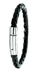 Stål armbånd 5 mm. flettet læder med kliklås. Længde 18 cm.