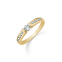 8 kt. guld ring 1 stor rund med 6 små syntetiske cubic zirconia på begge sider i skinnen.