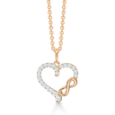8 kt. guld vedhæng hjerte med syntetiske cubic zirconia i kanten og evighedstegn."Infinity" Mål:20,03 x 14,82 mm. Kæden er sølvforgyldt i længde 42-45 cm.