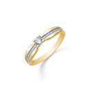 14 kt. guld ring med 1 syntetisk cubic zirconia i 4 grabber og på begge sider i skinnen.