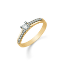 14 kt. guld ring med 1 syntetisk cubic zirconia i 4 grabber og på begge sider i skinnen.