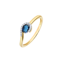 14 kt. guld ring i rødguld med london blå topas og brillanter i rhodineret fatninger. Mål: sten 6,1 mm. B: 4,9 x T:1,9 mm. Brillant i alt 0,06 ct. w/si