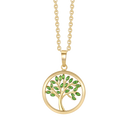 14 kt. guld vedhæn livets træ med grøn syntetiske cubic zirconia i cirkel. Mål: 15 mm. i diameter. Kæden er sølvforgyldt i længde 42-45 cm.