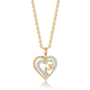 14 kt. guld vedhæng dobbelt hjerte, mor og barn. !/2 delen med rhodium og syntetiske cubic zirconia i kanten. Kæden er sølvforgyldt i længde 42-45 cm.