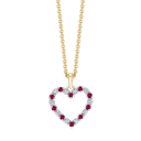 14 kt guld vedhæng hjerte med 10 rubiner og 10 brillanter Mål:15,20 x 16 mm Brillant i alt 0,14 ct w/si Kæden er sølvforgyldt i længde 42-45 cm