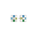 Sølv ørestikker rhodineret firkant med syntetiske grøn/ blå topas og syntetiske cubic zirconia.
