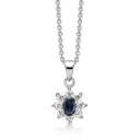 Sølv halskæde rhodineret oval syntetisk safir med 8 zirconia omkring Kæden er rhodineret sølv i længde 42-45 cm