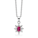 Sølv halskæde rhodineret oval syntetisk rubin med 8 zirconia omkring Kæden er rhodineret sølv i længde 42-45 cm