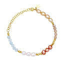 Armbånd m. akvamarin, peach månesten, farvede ferskvandsperler cirka 5 cm