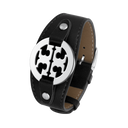 Stål armbånd sort læder med rund stål pynt 18/22 cm.