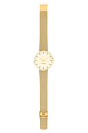 Arne Jacobsen City Hall 34 mm armbåndsur med Ivory Bloom-skive og IP guldfarvet meshrem. Solid urkasse i rustfrit stål med konkav urskive, hærdet dobbelt konveks M2-glas, 3 ATM.