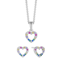 Sølv smykkesæt rhodineret hjerte med syntetiske cubic  zirconia i forskellige farver.